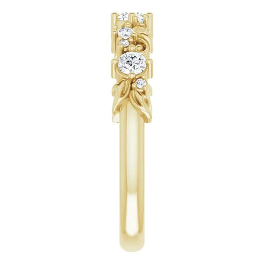 Floral Inspired Natural Diamond Anniversary Band Yellow Gold Perspective View