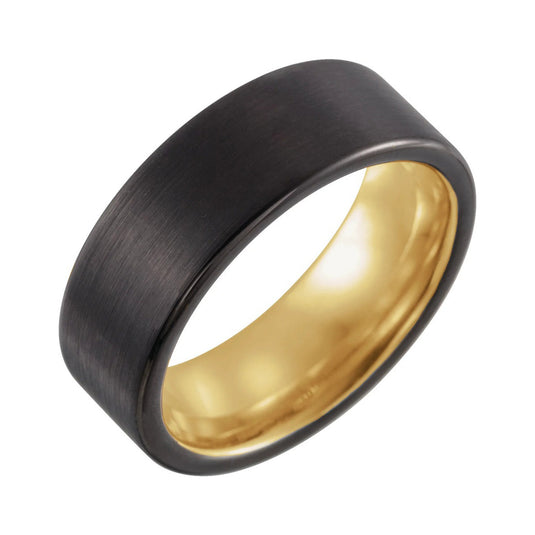 Black PVD Tungsten Flat Edge Wedding Band Yellow Gold