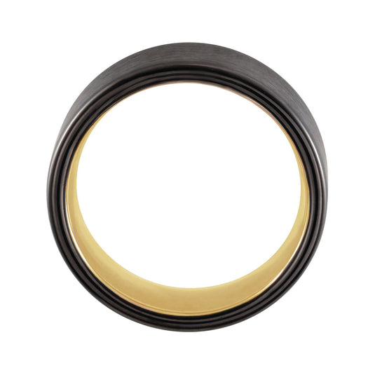 Black PVD Tungsten Flat Edge Wedding Band Yellow Gold Side View