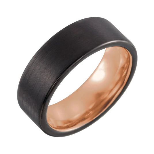 Black PVD Tungsten Flat Edge Wedding Band Rose Gold