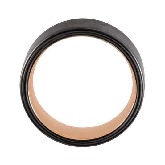 Black PVD Tungsten Flat Edge Wedding Band Rose Gold Side View