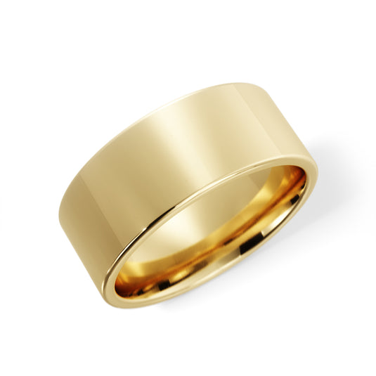 Polished Flat Mens Wedding Band Yellow Gold Top View
