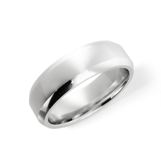 Polished Beveled Edge Mens Wedding Band White Gold