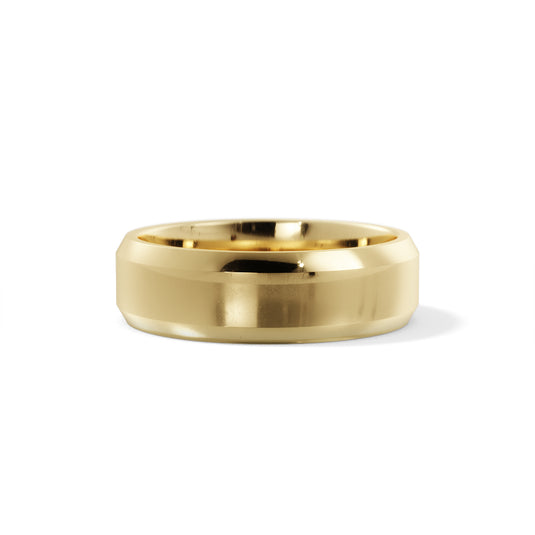 Polished Beveled Edge Mens Wedding Band Yellow Gold Side View