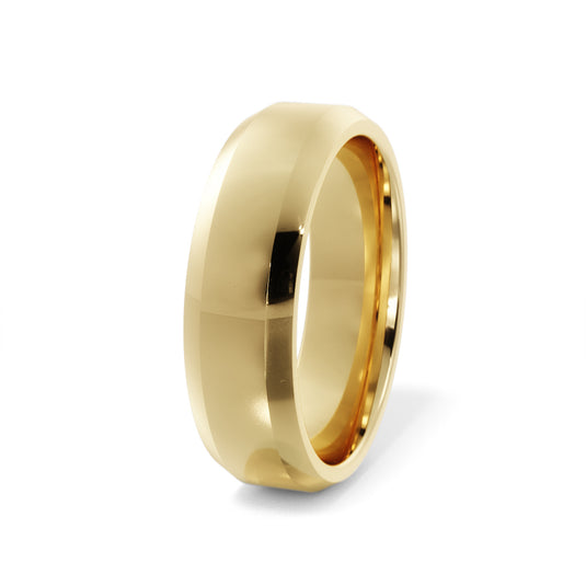 Polished Beveled Edge Mens Wedding Band Yellow Gold Side View