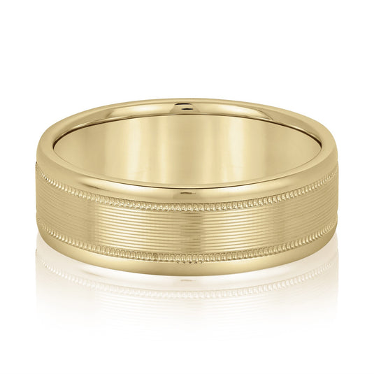 Multi Grooved Milgrain Design Men's Wedding Band Yellow Gold Top View