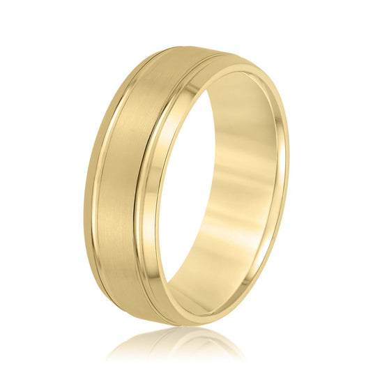 Double Grooved Men’s Wedding Band Yellow Gold Side View