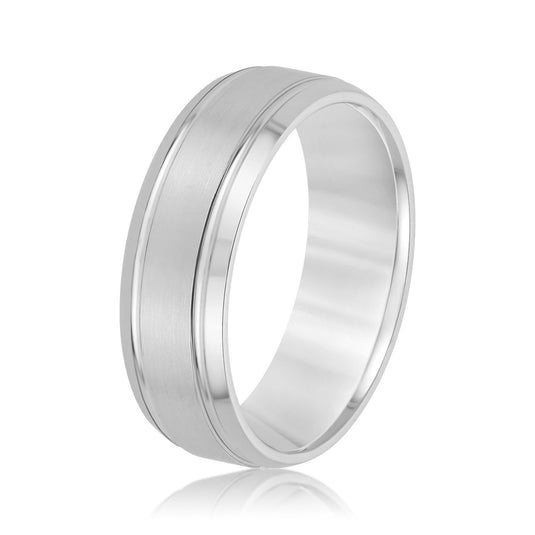Double Grooved Men’s Wedding Band White Gold Side View