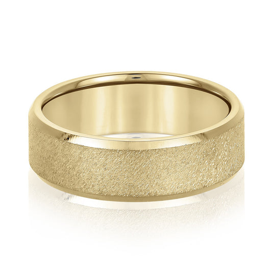 Brushed Finish Mens Wedding Band Yellow Gold Top View