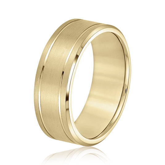 Dual Groove Brush Finish Men’s Wedding Band Yellow Gold