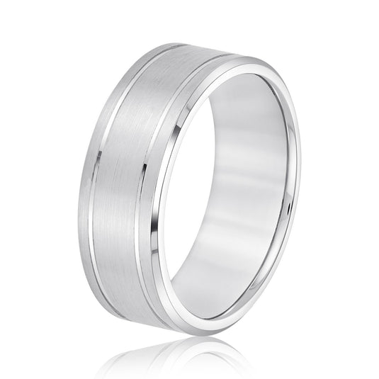 Dual Groove Brush Finish Men’s Wedding Band White Gold