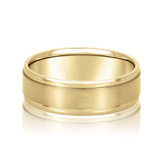 Satin Finish Polished Edge Men's Wedding Band Yellow Gold Top View