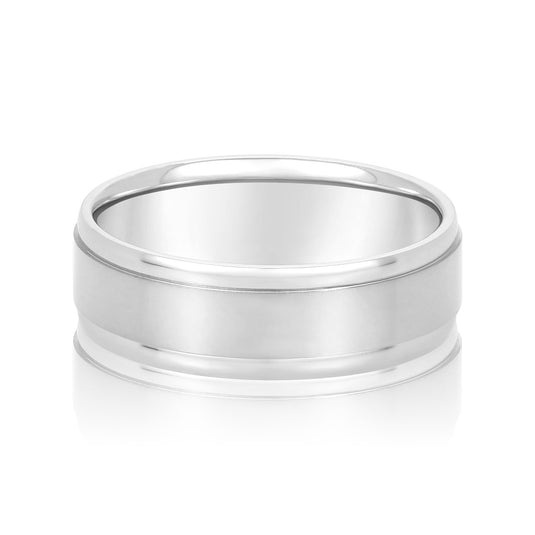 Satin Finish Polished Edge Men's Wedding Band White Gold Top View