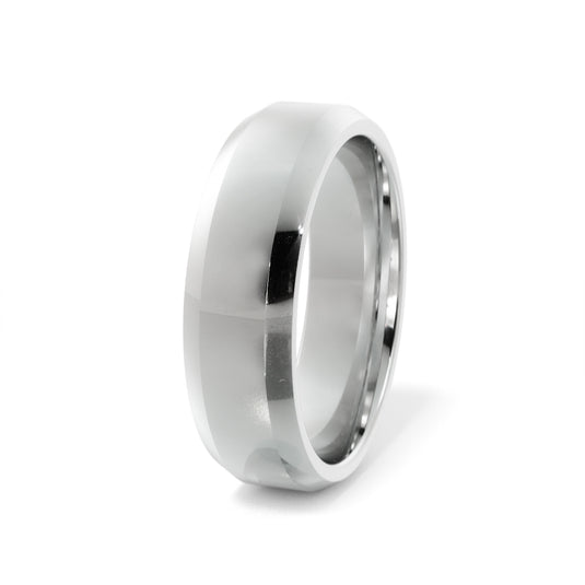 Polished Beveled Edge Mens Wedding Band White Gold Side View