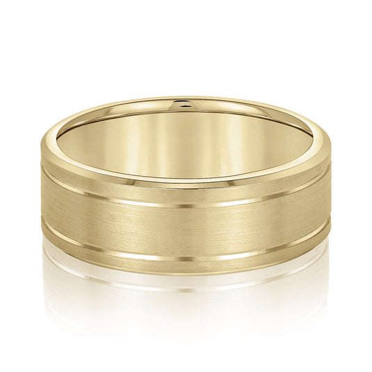 Dual Groove Brush Finish Men’s Wedding Band Yellow Gold Top View